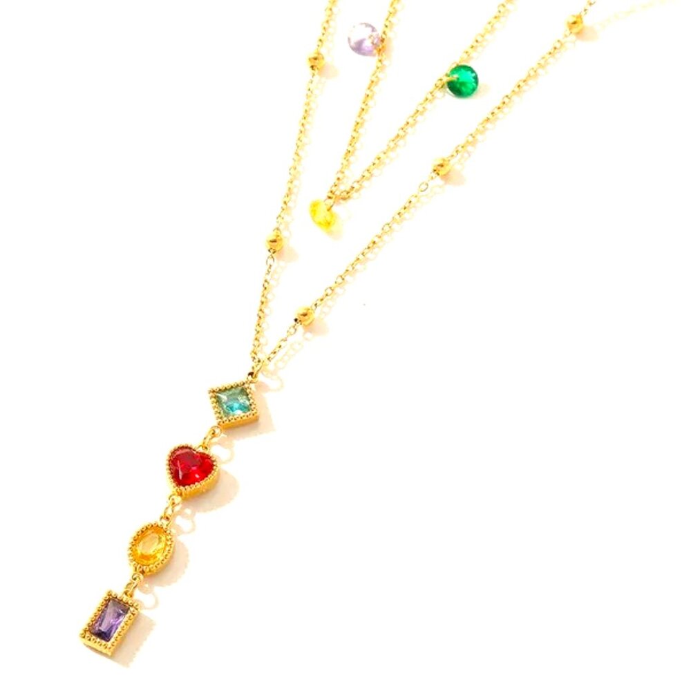 18k GOLD DIPPED DOUBLESTRAND WITH ELONGATED LINE OF COLORFUL CZ PENDANT NECKLACE